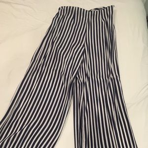 Full length navy and white striped pants